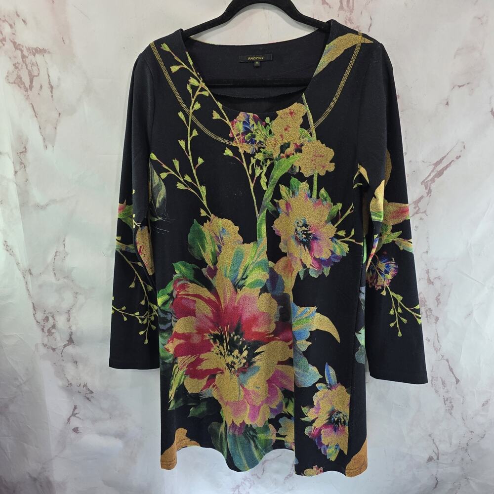 Radzoli Shirt Womens Medium Black Floral Artsy Art To Wear Tunic Long Sleeve